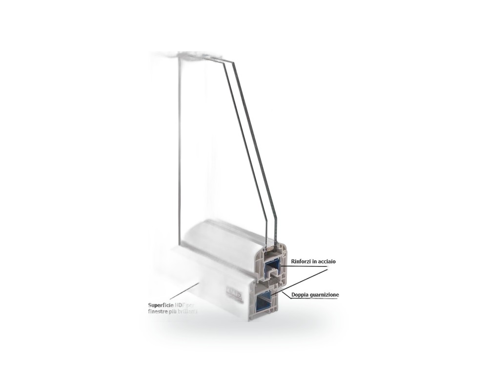 Sezione di una finestra ELLEDI in PVC a 5 camere da 70 mm con vetrocamera